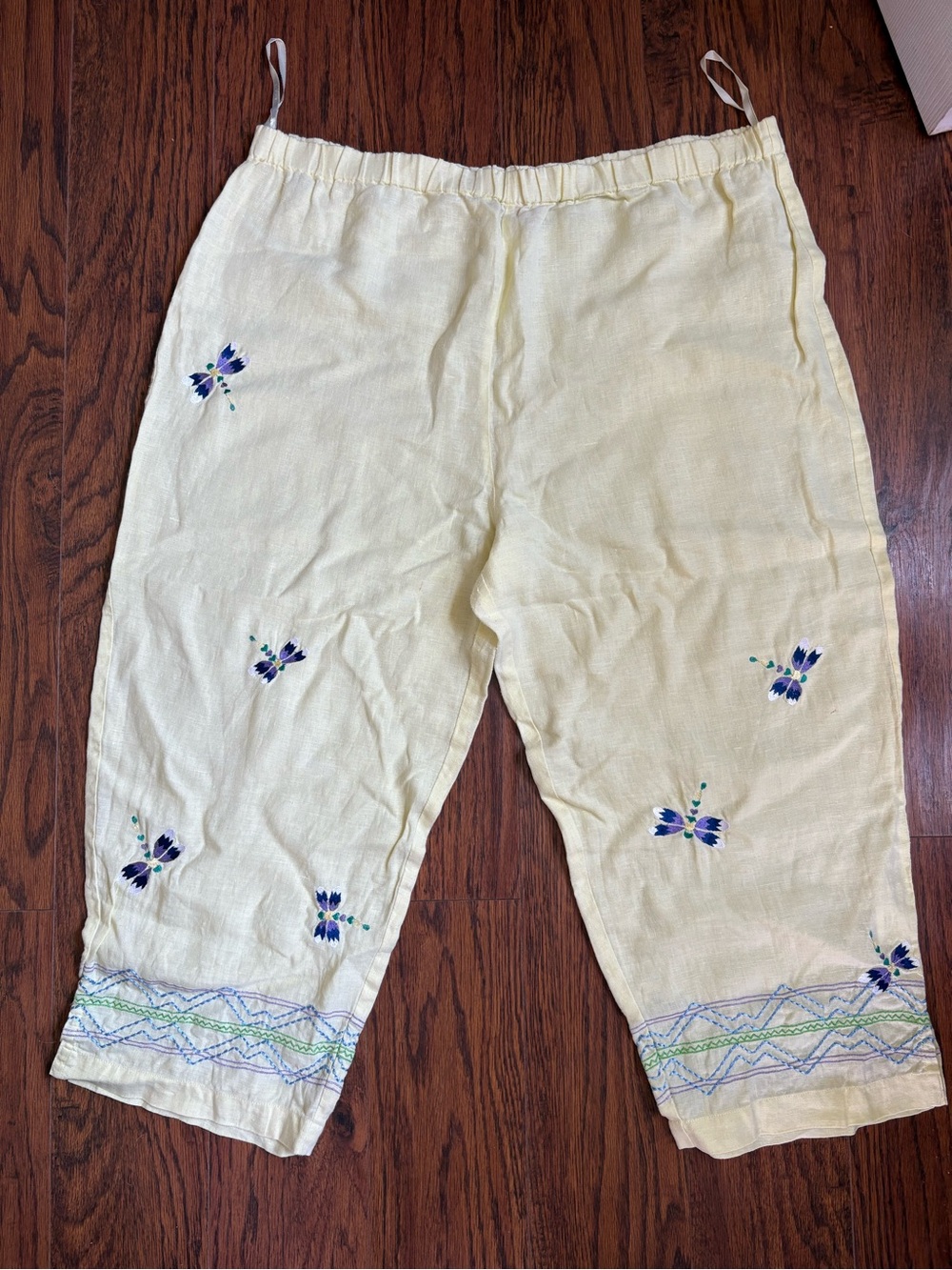 Yellow Embroidered Linen Crop Pants
